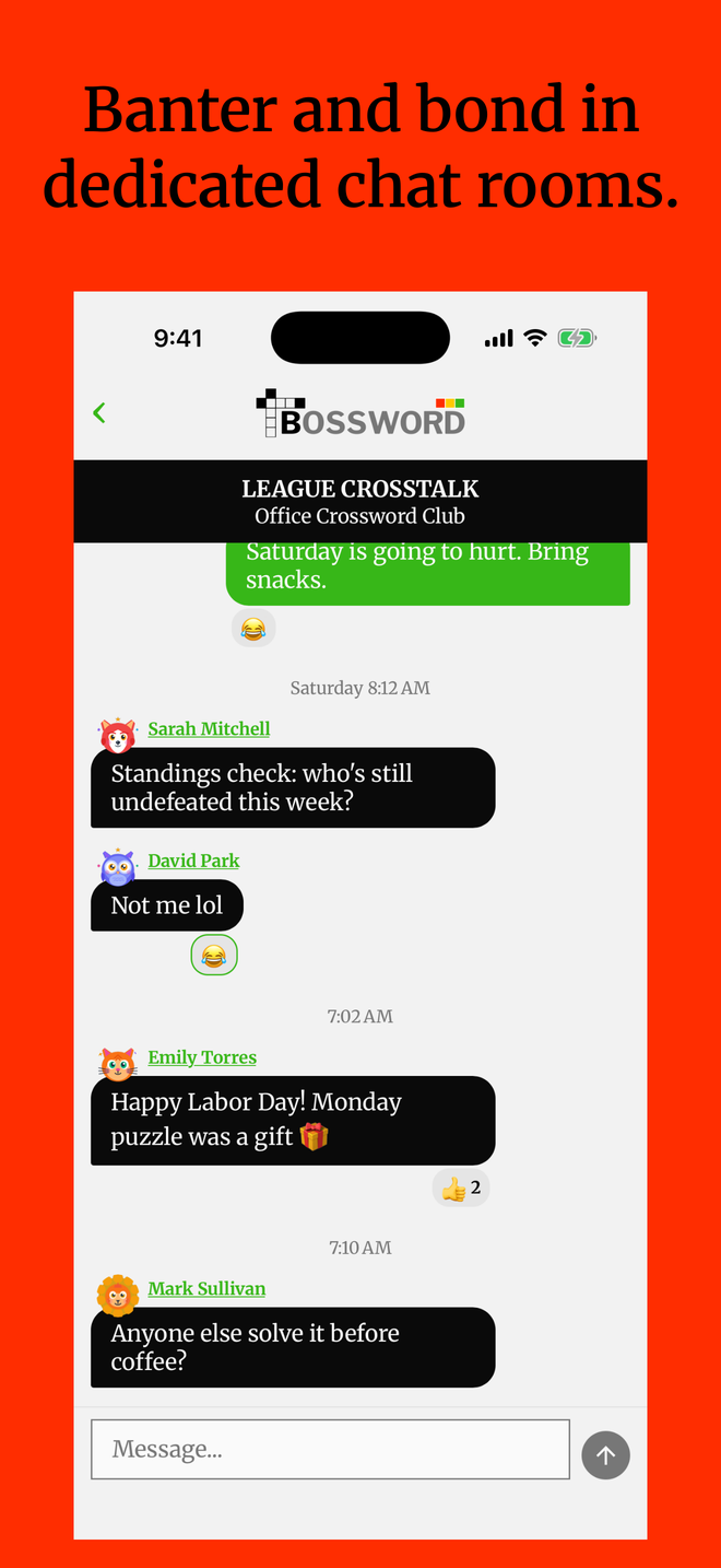 Crosstalk league chat with trash talk between friends, captioned: Banter and bond in dedicated chat rooms.